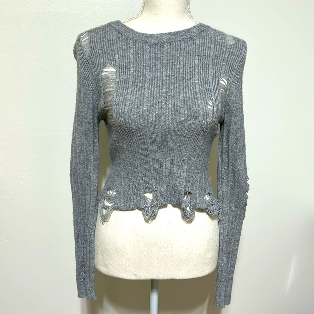 Rue21 Punk Rock Grey Distressed Form Fitting Crop top Cozy Sweater. Juniors.
